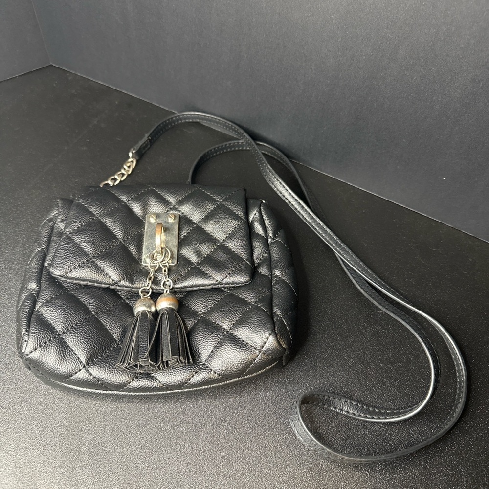 Candie's Black Quilted Mini‎ Crossbody Bag with Tassel Charm Faux Leather Purse